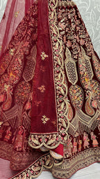 Jyoti Fashion Women's Maroon Velvet Multi Thread Embroidered with Zircon Diamond Work Wedding Lehenga Choli