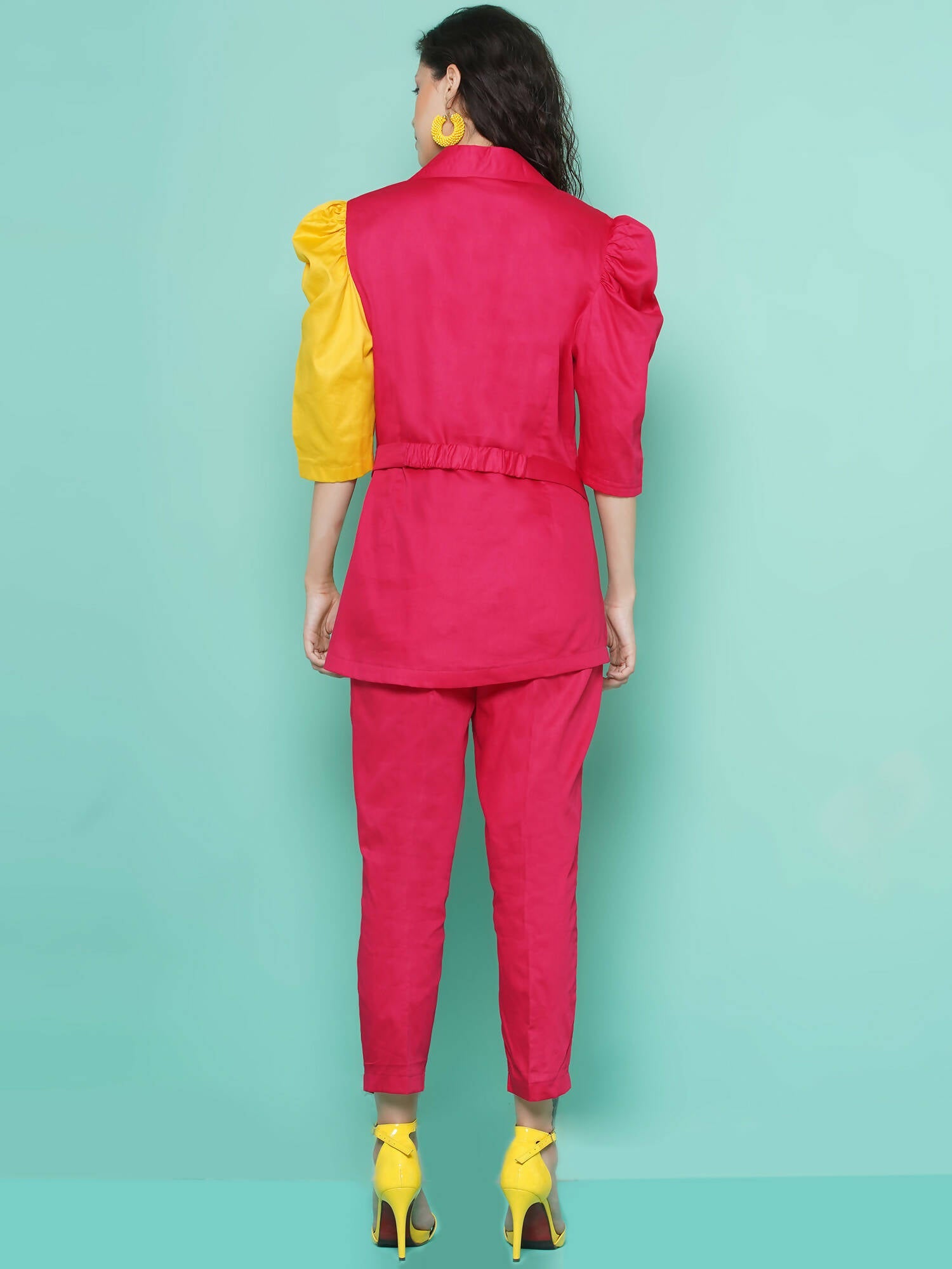 Women Republic Pink And Yellow Cotton Silk hand Embellished Coord set with Pouch - Distacart