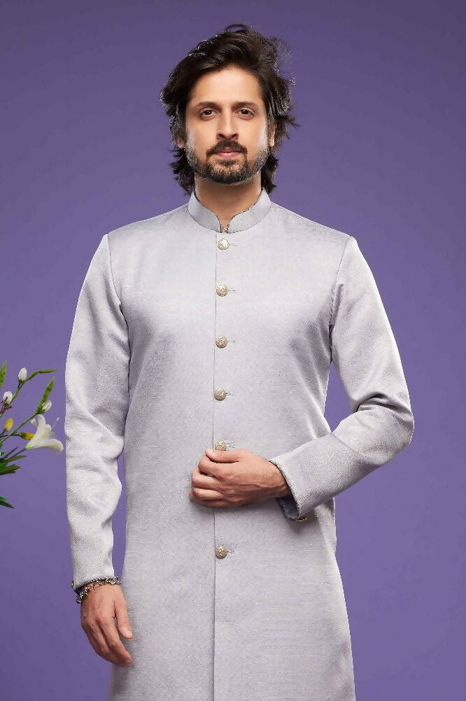 Raivat Ethnic Art Banarasi Silk Thread Work Kurta Pajama In Grey Colour