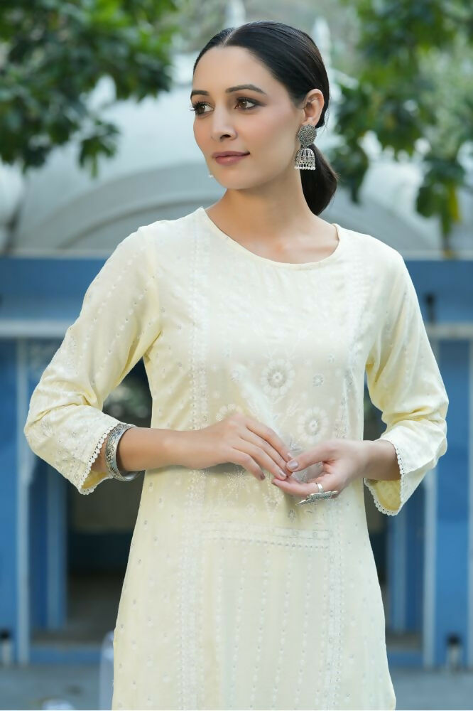 Juniper Light Yellow Ethnic Motif Printed Rayon Kurta With Lace Work