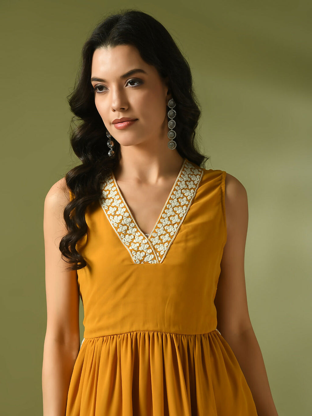 Myshka Women's Yellow Solid Georgette Anarkali Party Kurta Set