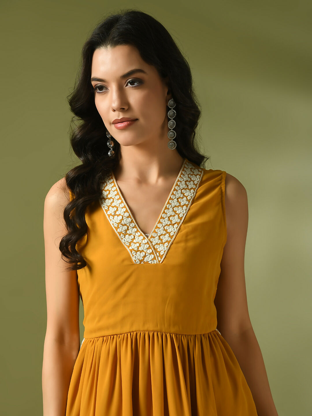 Myshka Women's Yellow Solid Georgette Anarkali Party Kurta Set