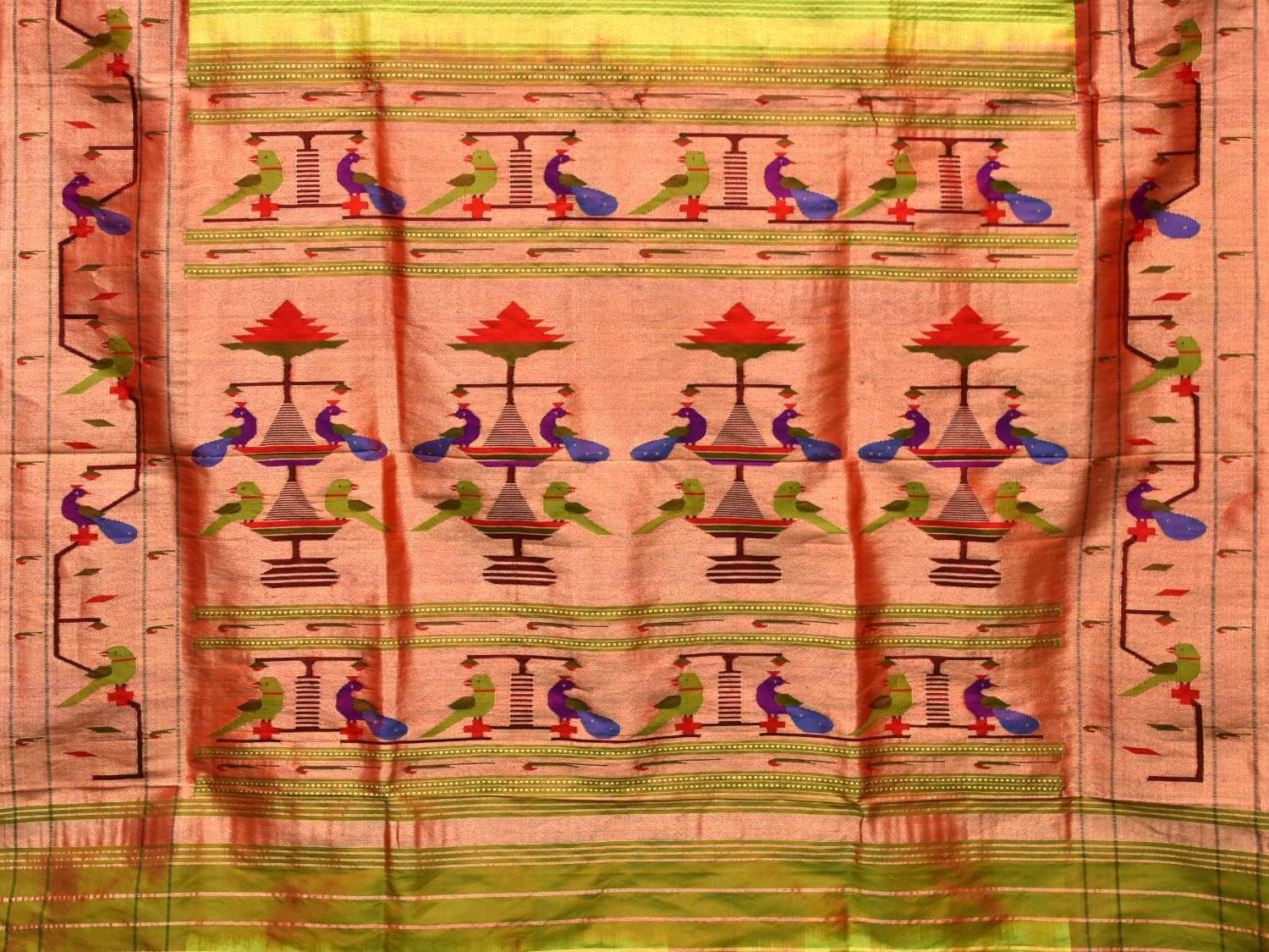 Light Green Paithani Silk Handloom Saree with Peacock-Parrot Border Design - Global Threads