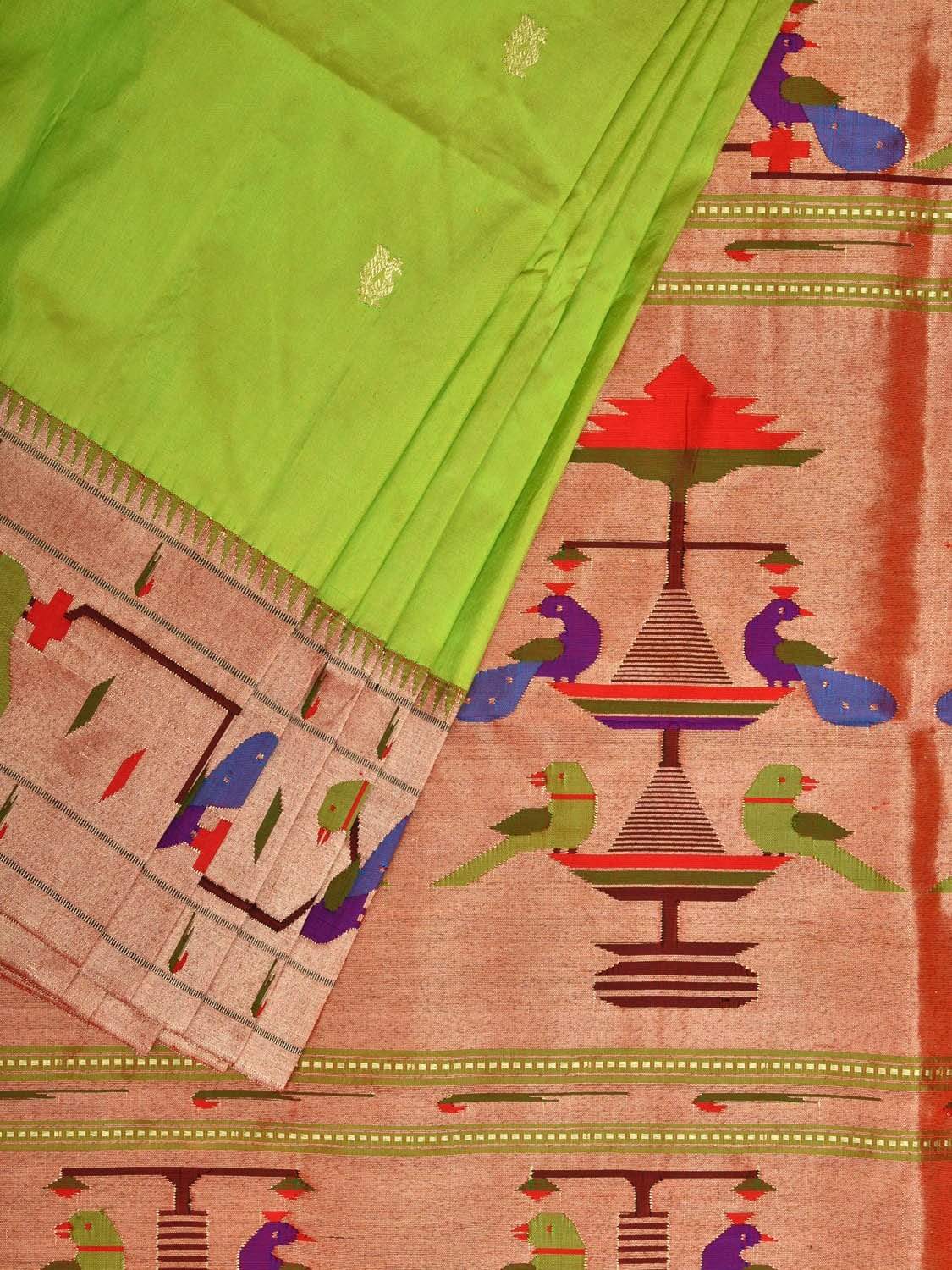 Light Green Paithani Silk Handloom Saree with Peacock-Parrot Border Design - Global Threads