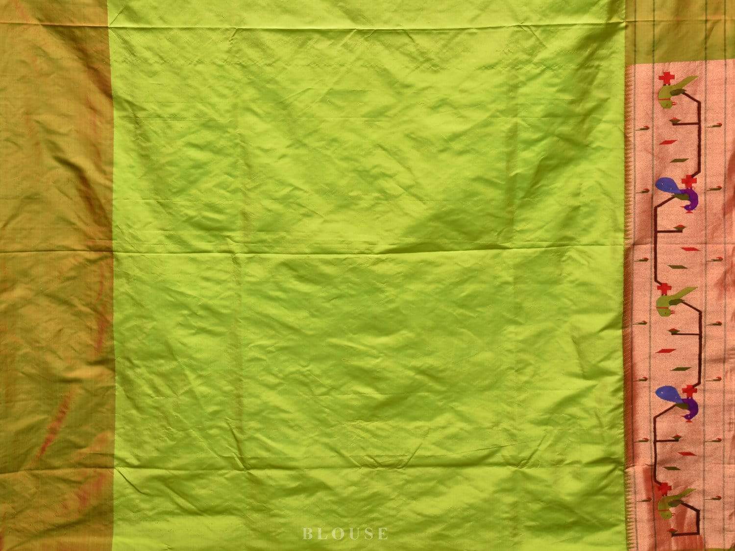 Light Green Paithani Silk Handloom Saree with Peacock-Parrot Border Design - Global Threads