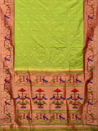 Light Green Paithani Silk Handloom Saree with Peacock-Parrot Border Design - Global Threads