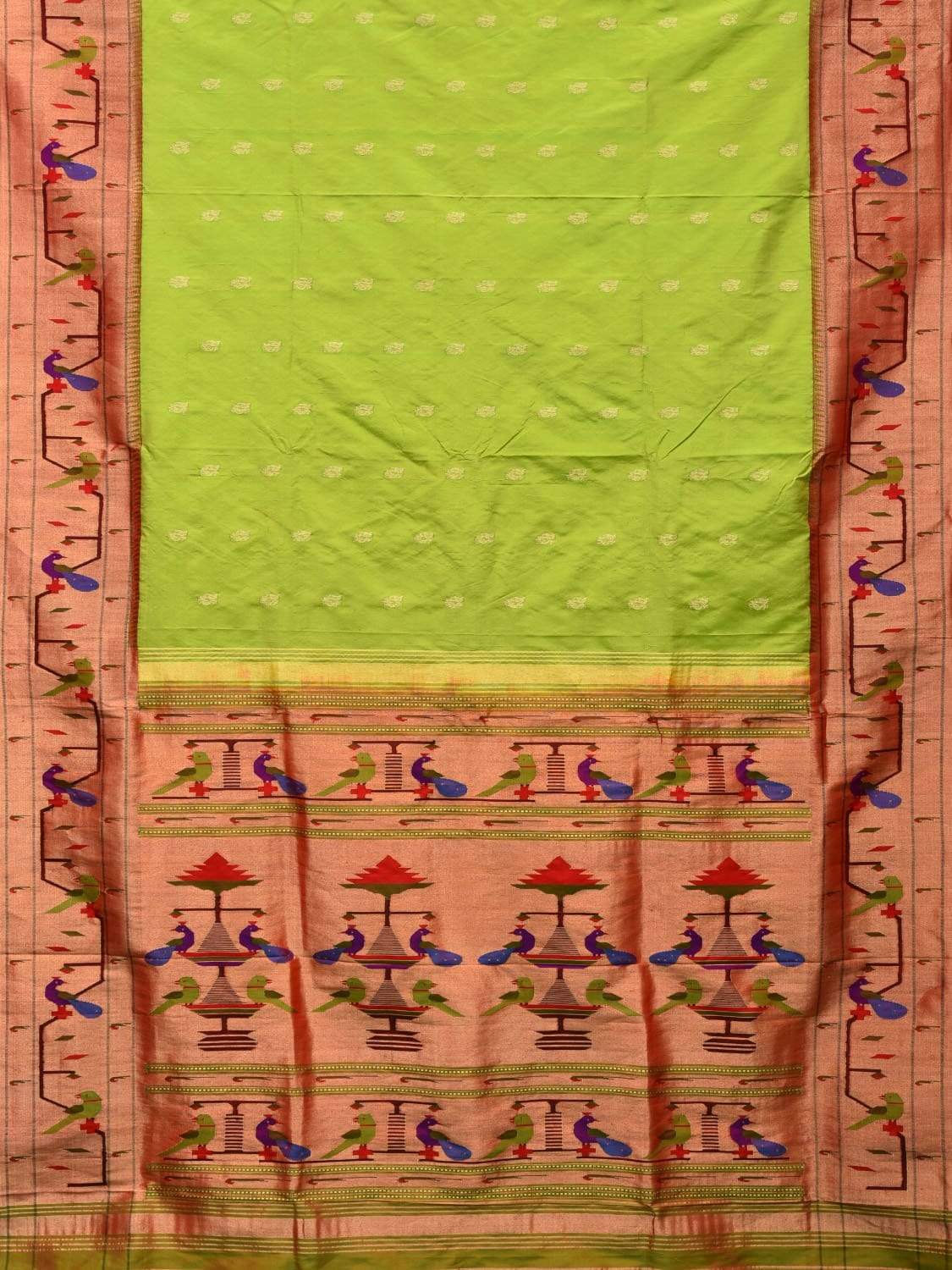 Light Green Paithani Silk Handloom Saree with Peacock-Parrot Border Design - Global Threads