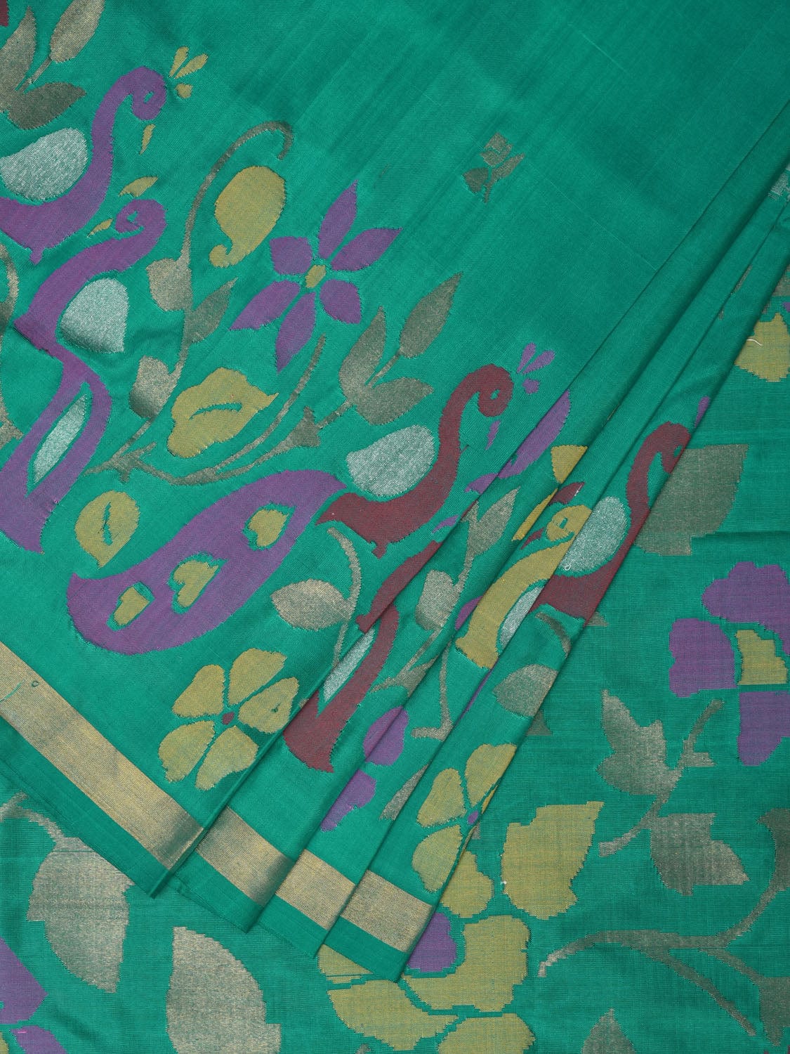 Light Green Uppada Silk Handloom Saree with Peacocks Border and Floral Pallu Design - Global Threads