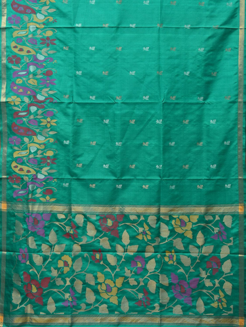 Light Green Uppada Silk Handloom Saree with Peacocks Border and Floral Pallu Design - Global Threads