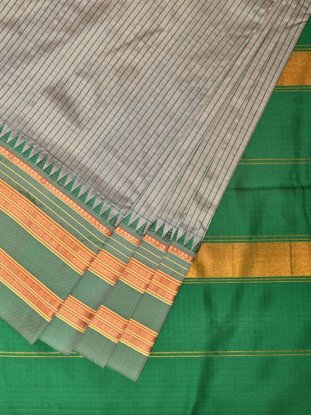 Light Grey and Green Narayanpet Silk Handloom Saree with Checks Design No Blouse - Global Threads