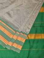 Light Grey and Green Narayanpet Silk Handloom Saree with Checks Design No Blouse - Global Threads