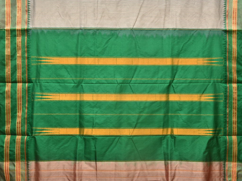 Light Grey and Green Narayanpet Silk Handloom Saree with Checks Design No Blouse - Global Threads