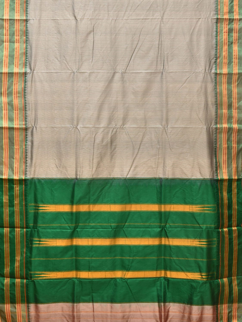 Light Grey and Green Narayanpet Silk Handloom Saree with Checks Design No Blouse - Global Threads