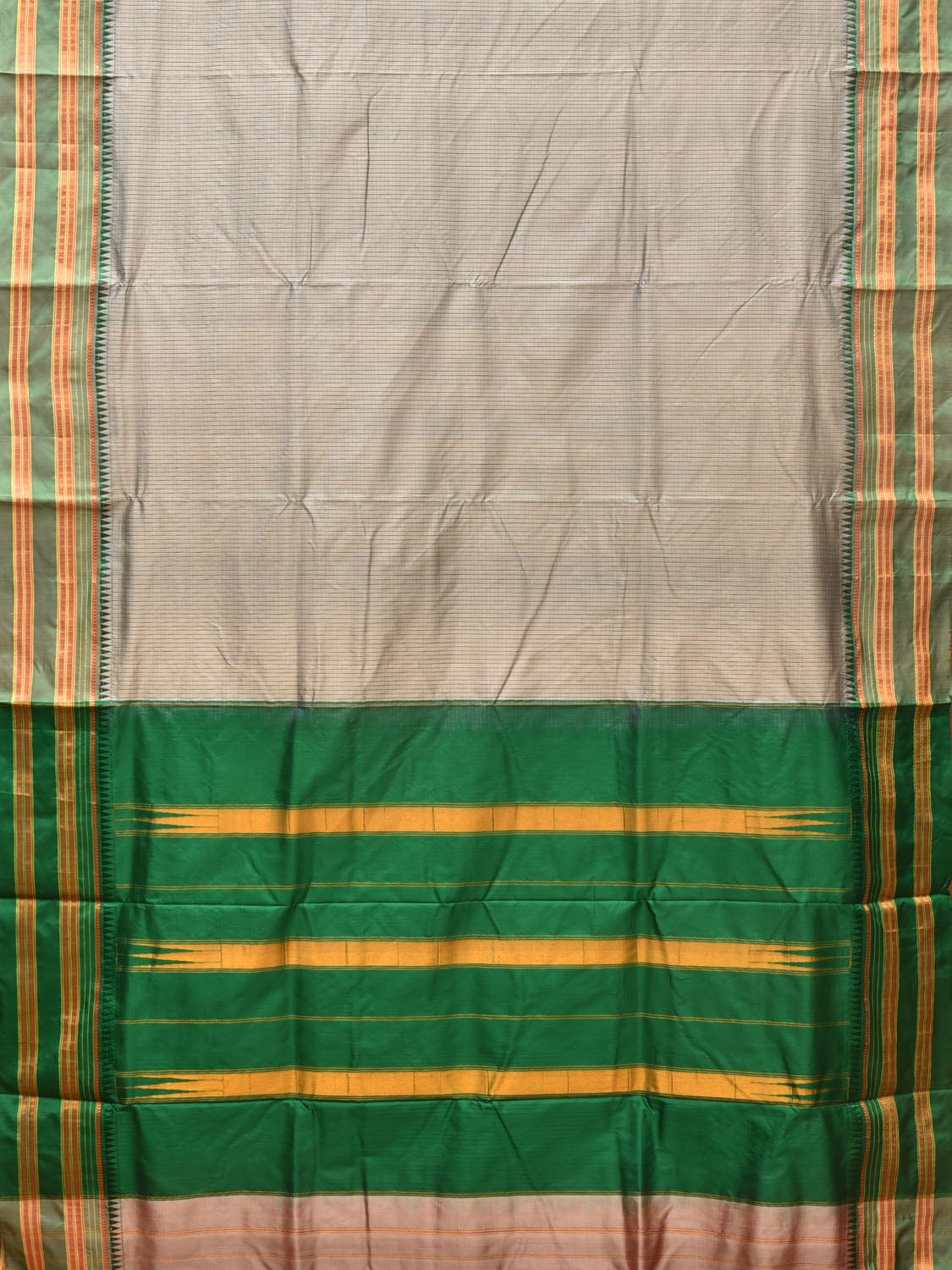 Light Grey and Green Narayanpet Silk Handloom Saree with Checks Design No Blouse - Global Threads