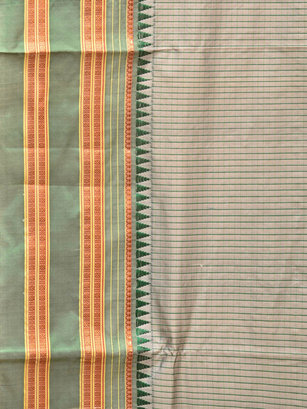 Light Grey and Green Narayanpet Silk Handloom Saree with Checks Design No Blouse - Global Threads
