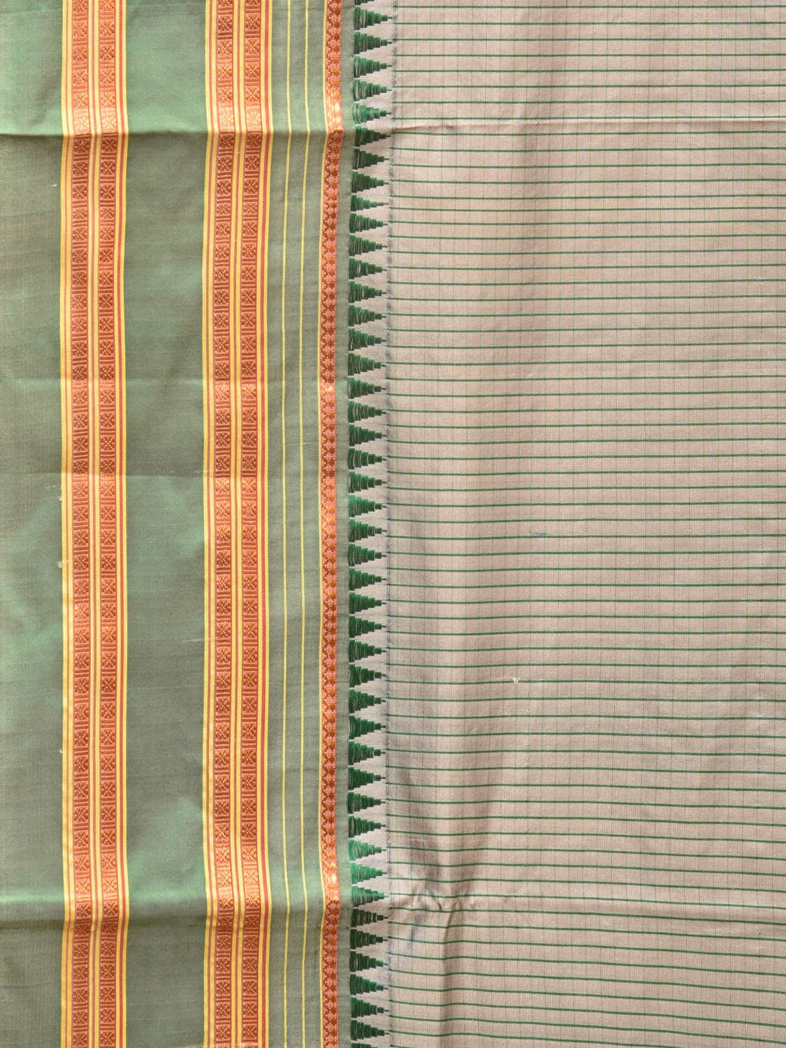 Light Grey and Green Narayanpet Silk Handloom Saree with Checks Design No Blouse - Global Threads