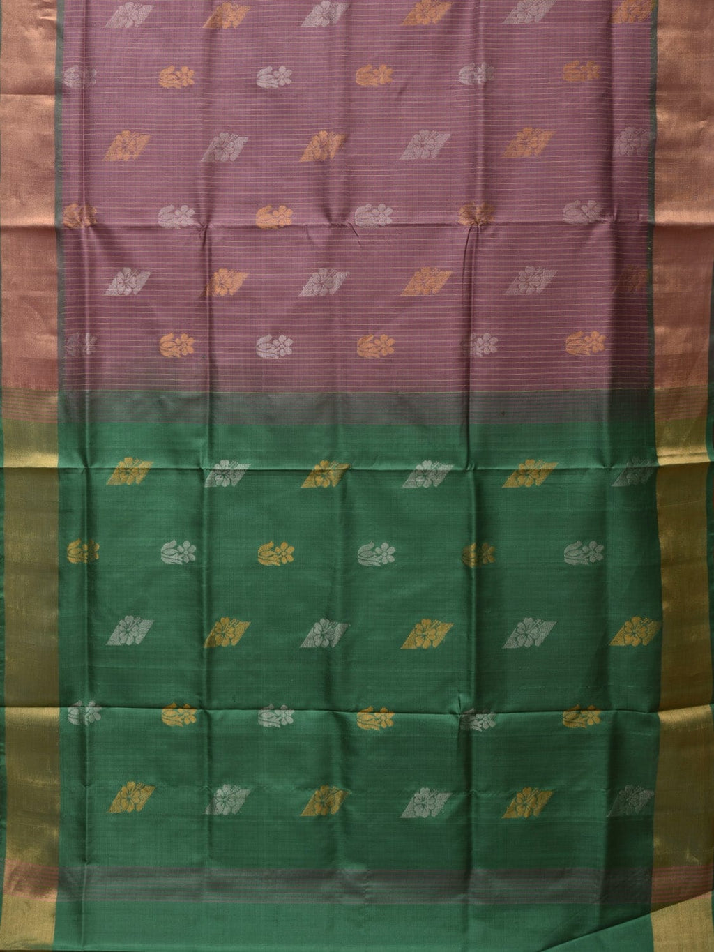 Light Grey and Light Green Uppada Silk Handloom Saree with Body Buta and Checks Design - Global Threads