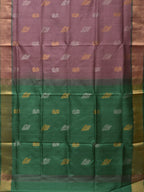 Light Grey and Light Green Uppada Silk Handloom Saree with Body Buta and Checks Design - Global Threads