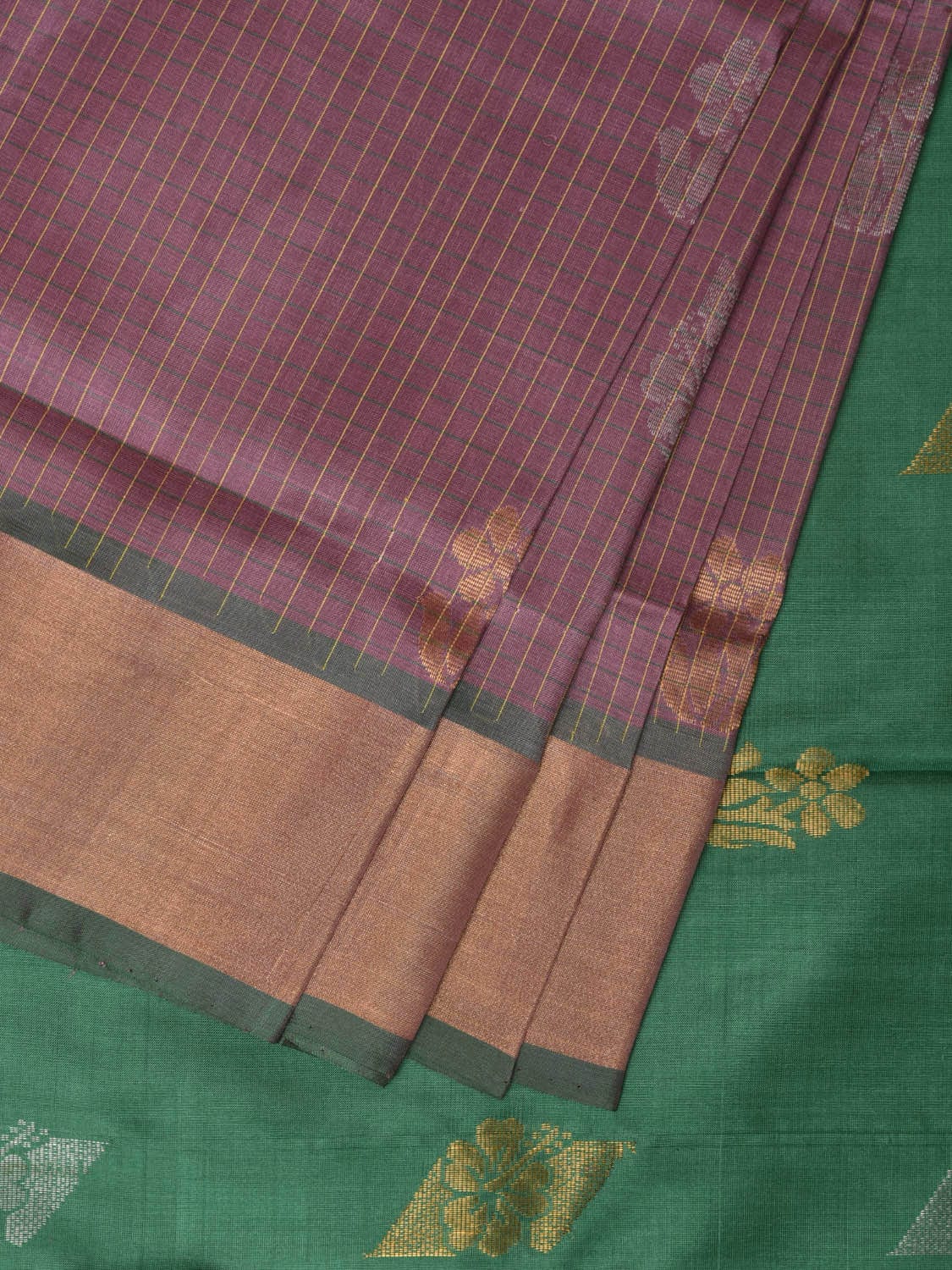 Light Grey and Light Green Uppada Silk Handloom Saree with Body Buta and Checks Design - Global Threads