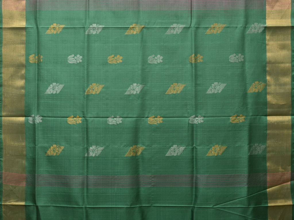 Light Grey and Light Green Uppada Silk Handloom Saree with Body Buta and Checks Design - Global Threads