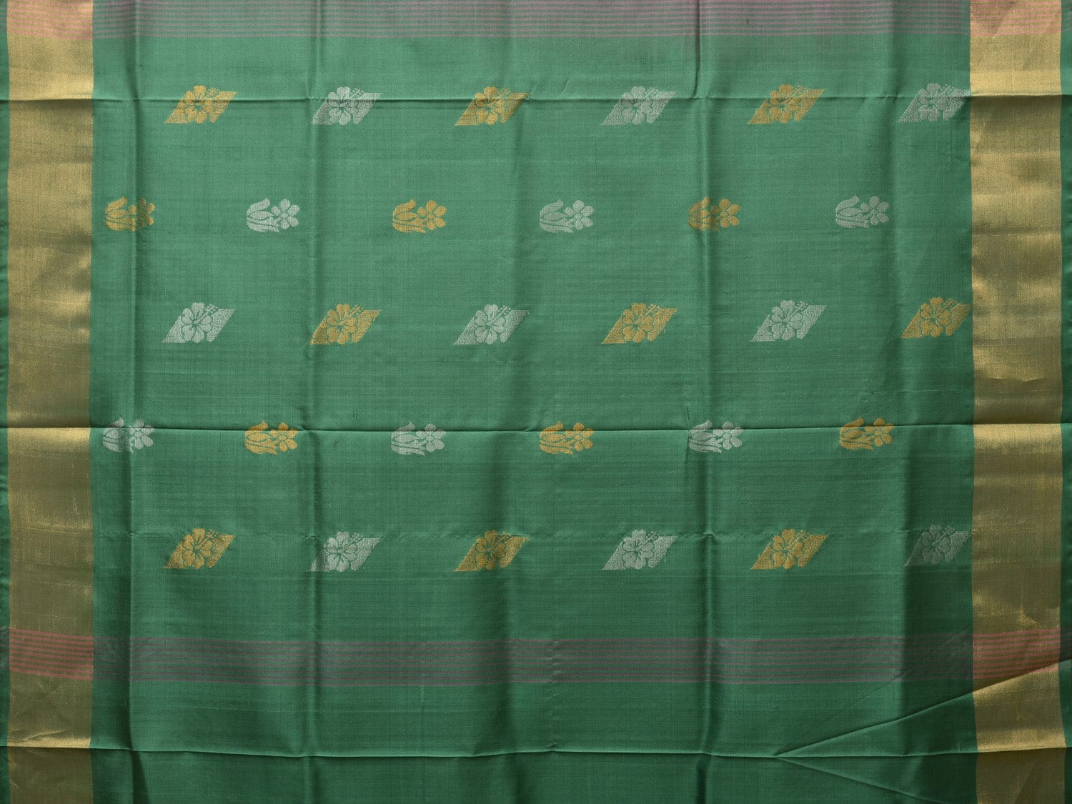 Light Grey and Light Green Uppada Silk Handloom Saree with Body Buta and Checks Design - Global Threads
