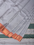Light Grey Gadwal Silk Handloom Plain Saree with Strips Pallu Design - Global Threads