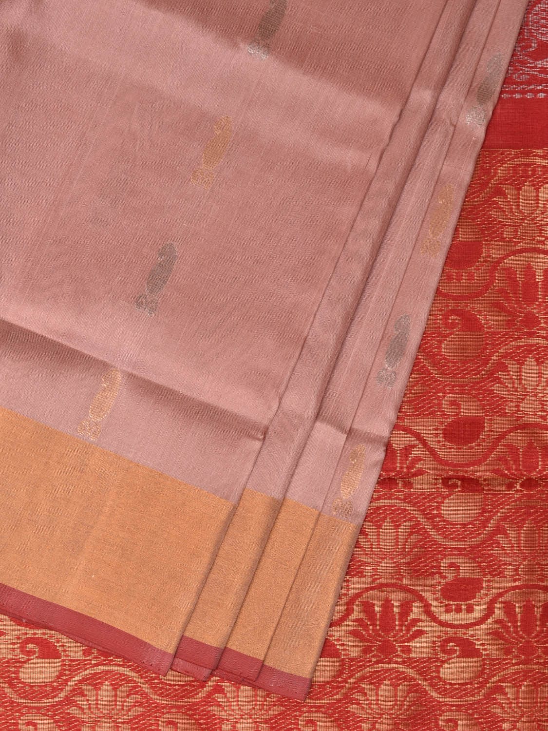 Light Pink and Red Uppada Silk Handloom Saree with Buta and Pallu Design - Global Threads