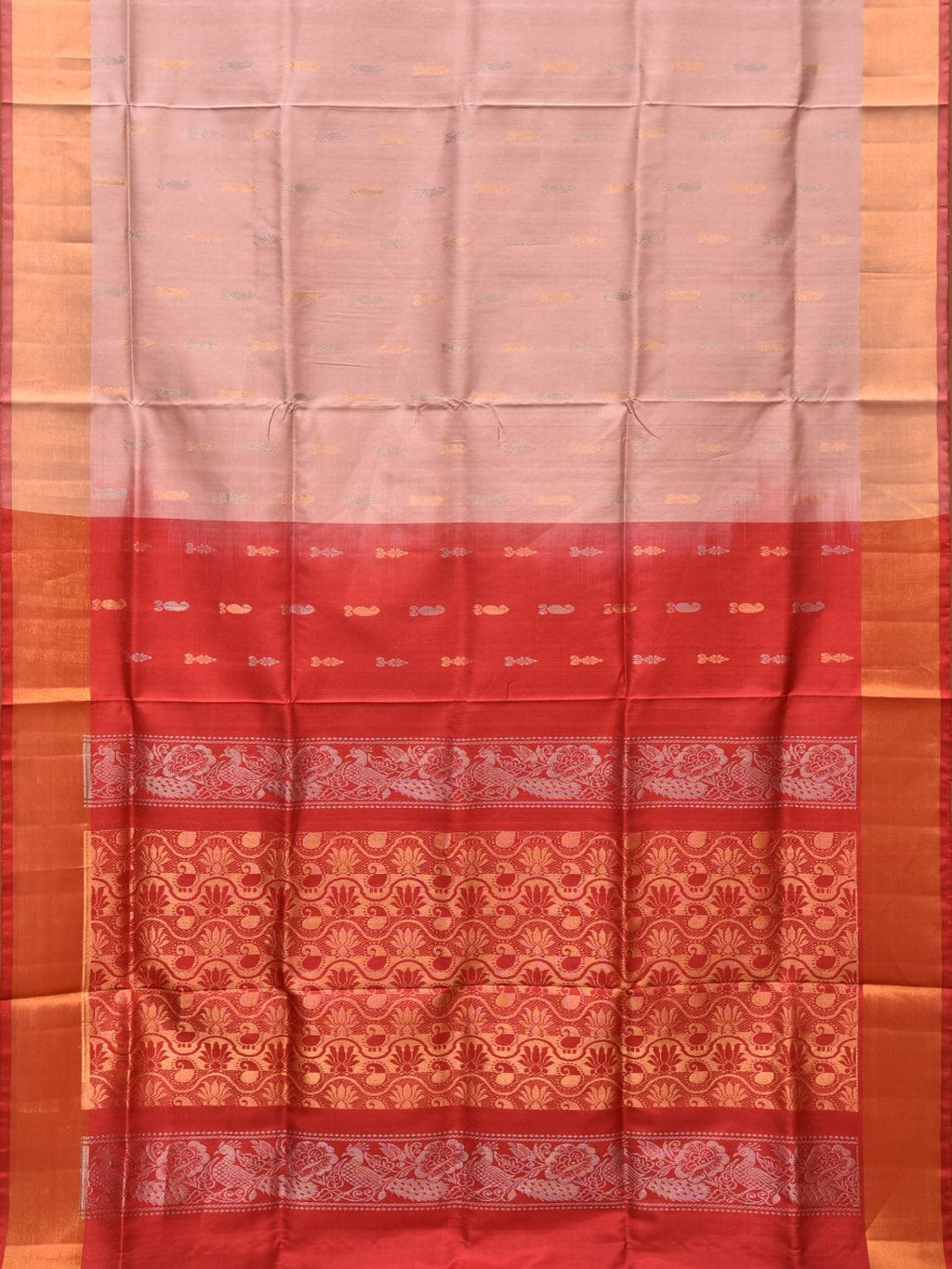 Light Pink and Red Uppada Silk Handloom Saree with Buta and Pallu Design - Global Threads