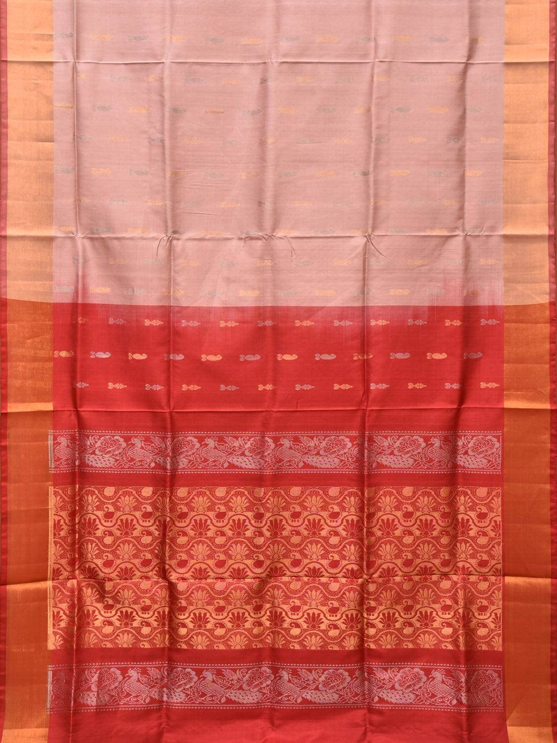 Light Pink and Red Uppada Silk Handloom Saree with Buta and Pallu Design - Global Threads