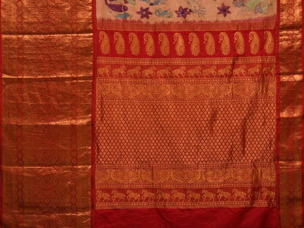 Light Yellow Kalamkari Hand Painted Kanchipuram Silk Handloom Saree with Dashavatar Design - Global Threads