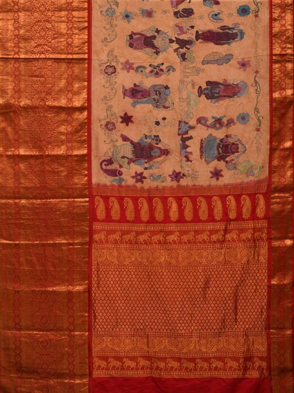 Light Yellow Kalamkari Hand Painted Kanchipuram Silk Handloom Saree with Dashavatar Design - Global Threads