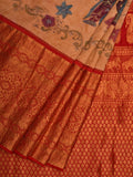Light Yellow Kalamkari Hand Painted Kanchipuram Silk Handloom Saree with Dashavatar Design - Global Threads