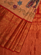 Light Yellow Kalamkari Hand Painted Kanchipuram Silk Handloom Saree with Dashavatar Design - Global Threads