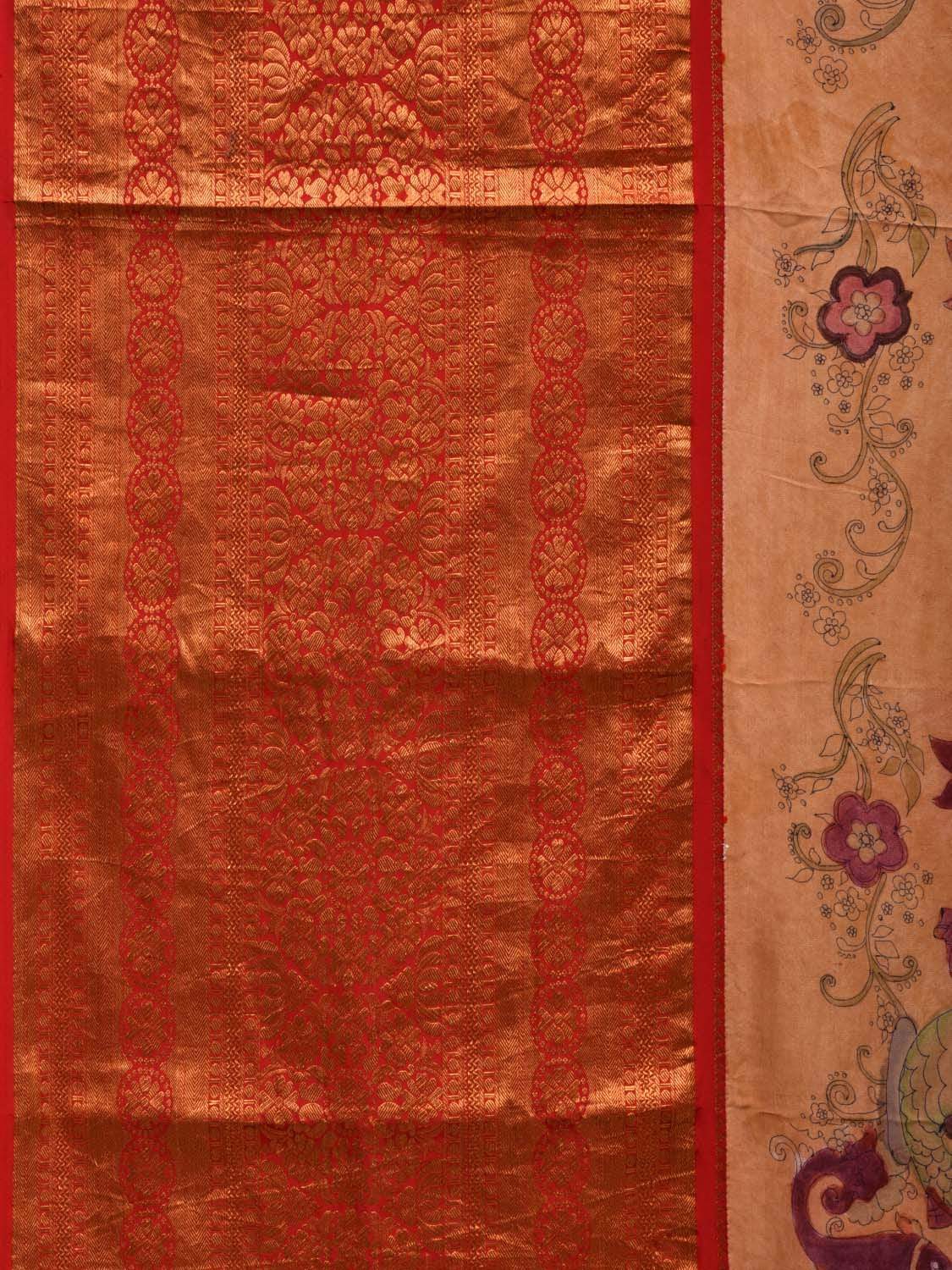 Light Yellow Kalamkari Hand Painted Kanchipuram Silk Handloom Saree with Dashavatar Design - Global Threads