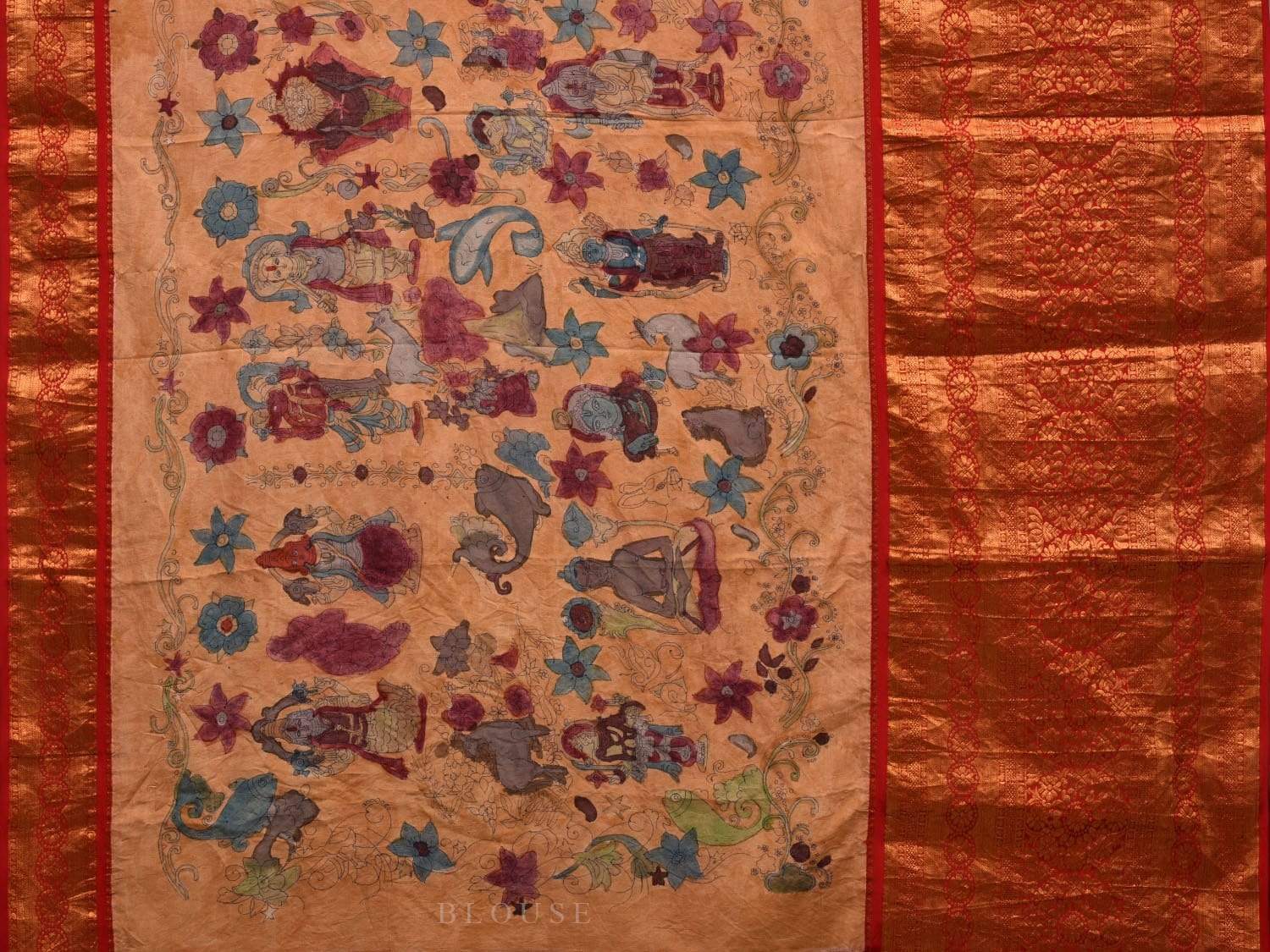 Light Yellow Kalamkari Hand Painted Kanchipuram Silk Handloom Saree with Dashavatar Design - Global Threads
