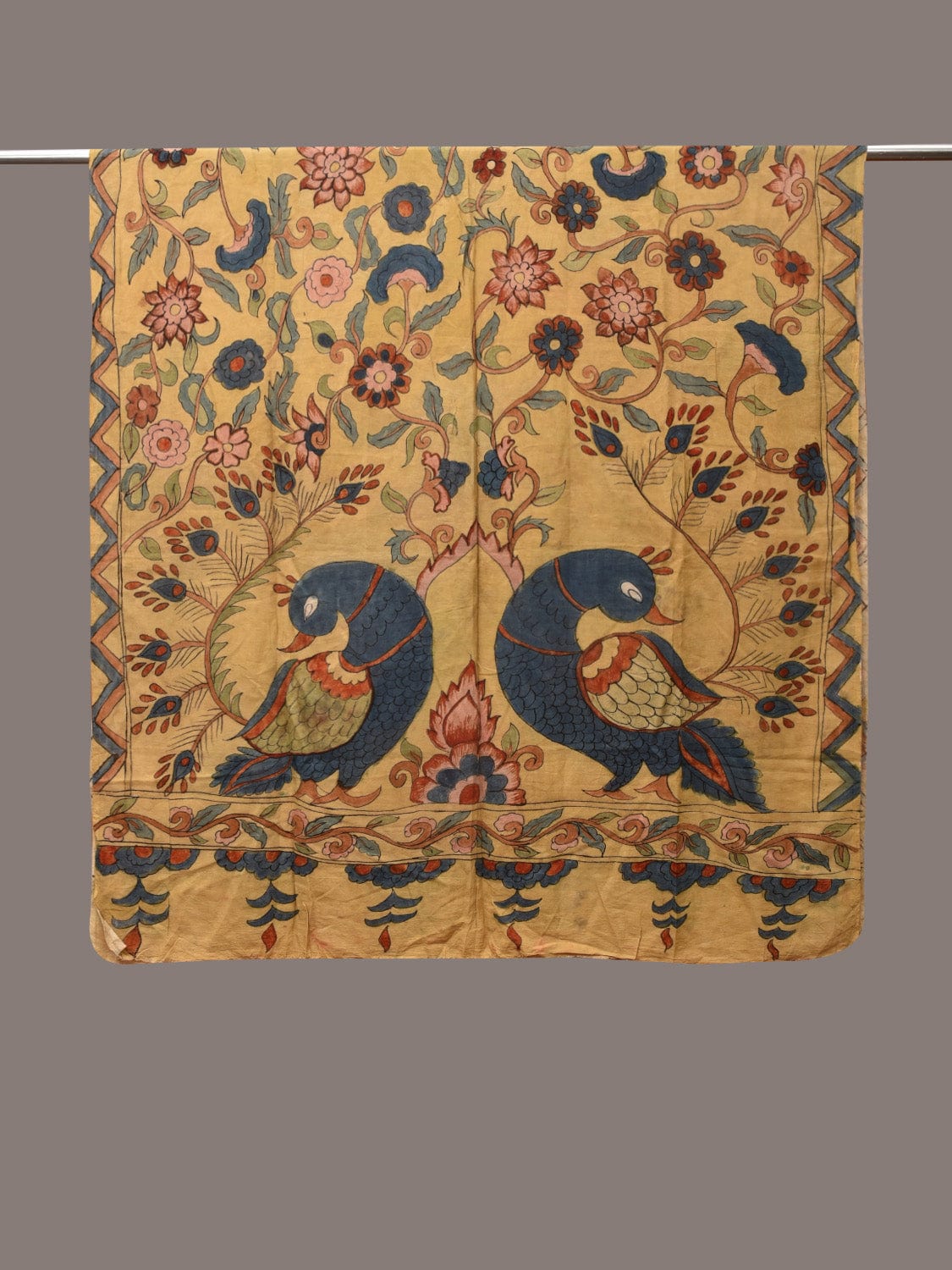 Light Yellow Kalamkari Hand Painted Silk Handloom Dupatta with Floral and Peacocks Design - Global Threads