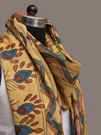 Light Yellow Kalamkari Hand Painted Silk Handloom Dupatta with Floral and Peacocks Design - Global Threads