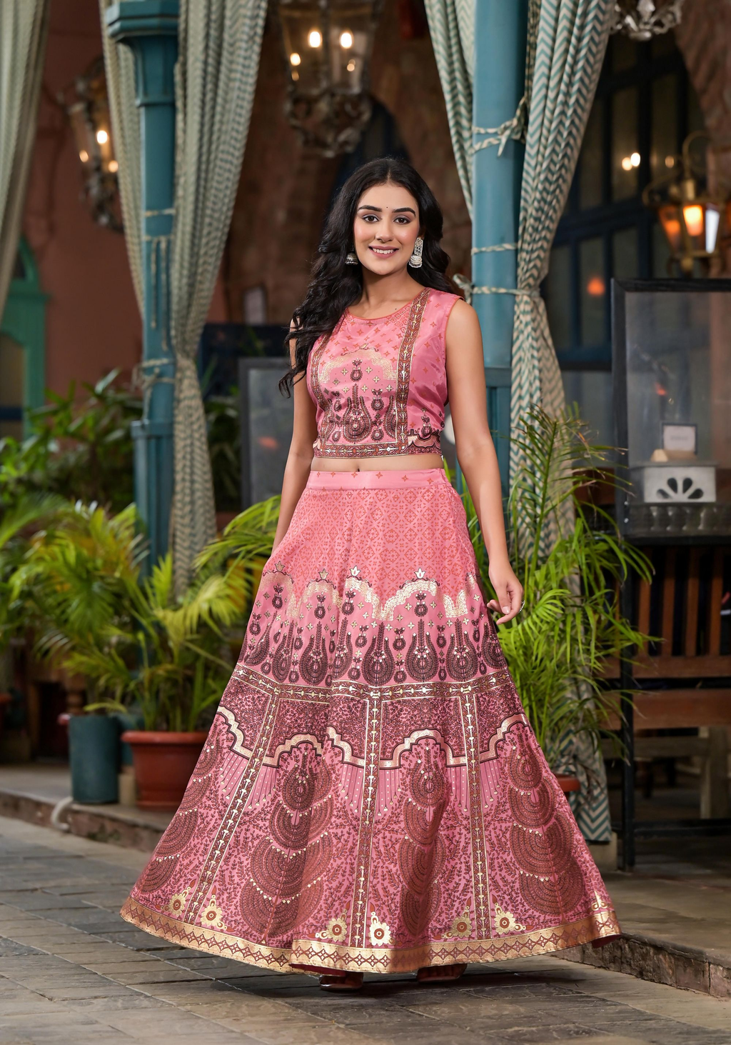 Juniper Women's Pink Ethnic Motif Printed Lehenga Set With Sequins & Gota Patti