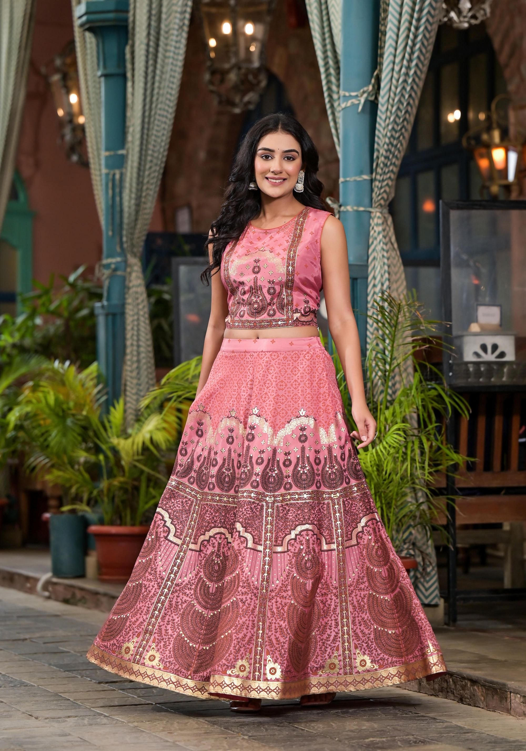 Juniper Women's Pink Ethnic Motif Printed Lehenga Set With Sequins & Gota Patti