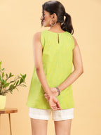 BohoJazz Lime Green Top with Motif and White Shorts Co-ord Set - Distacart