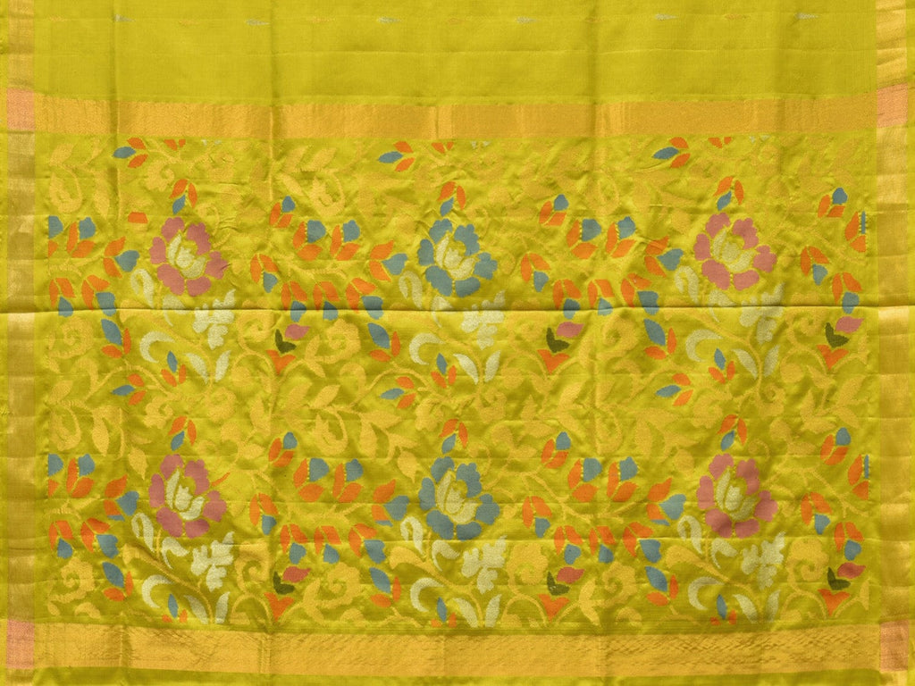 Lime Green Uppada Silk Handloom Saree with Floral Pallu Design - Global Threads