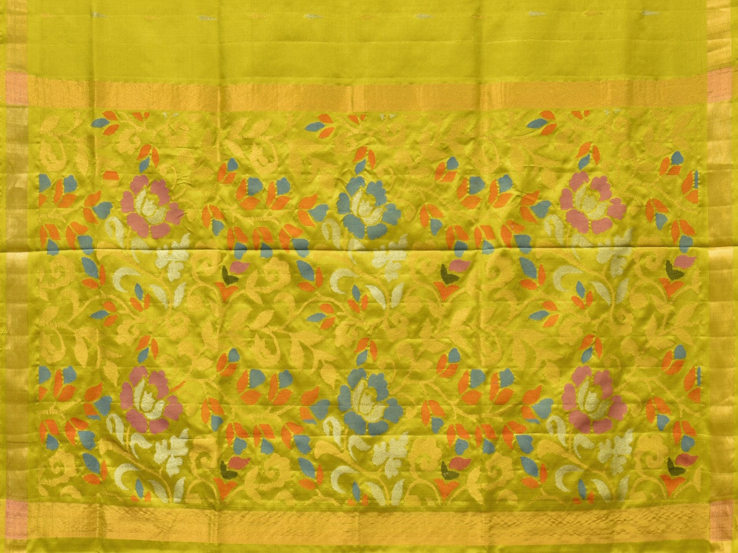 Lime Green Uppada Silk Handloom Saree with Floral Pallu Design - Global Threads