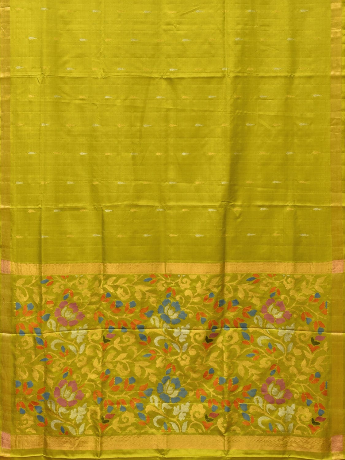 Lime Green Uppada Silk Handloom Saree with Floral Pallu Design - Global Threads