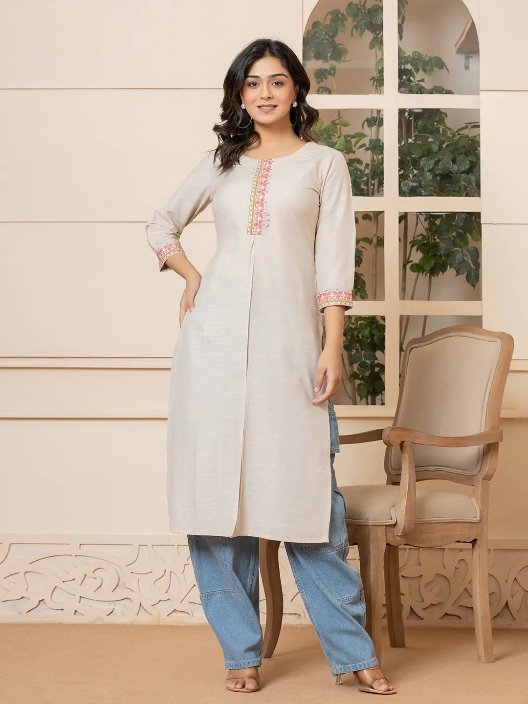 Yufta Linen Beige Embroidery Straight Kurta