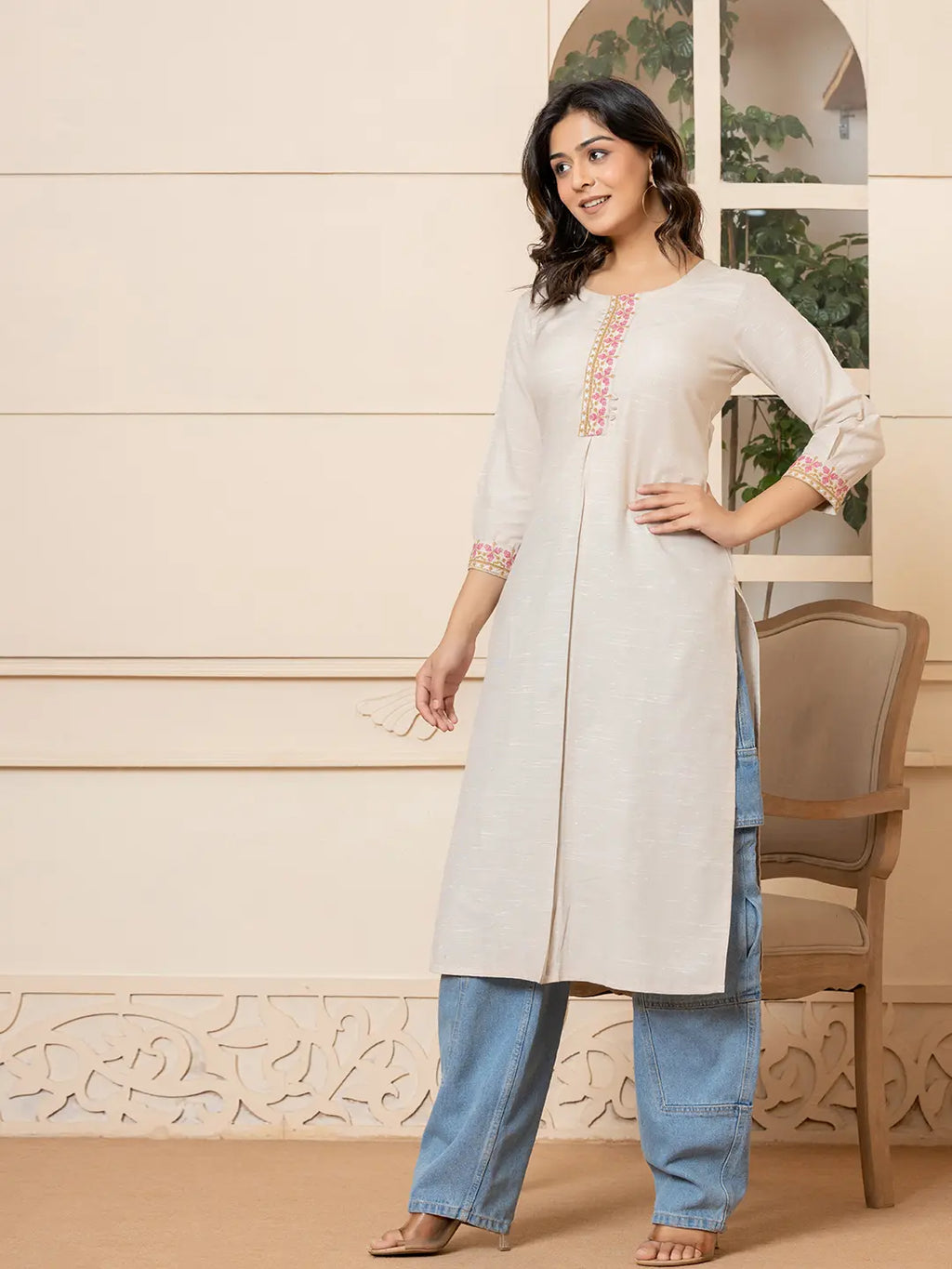 Yufta Linen Beige Embroidery Straight Kurta