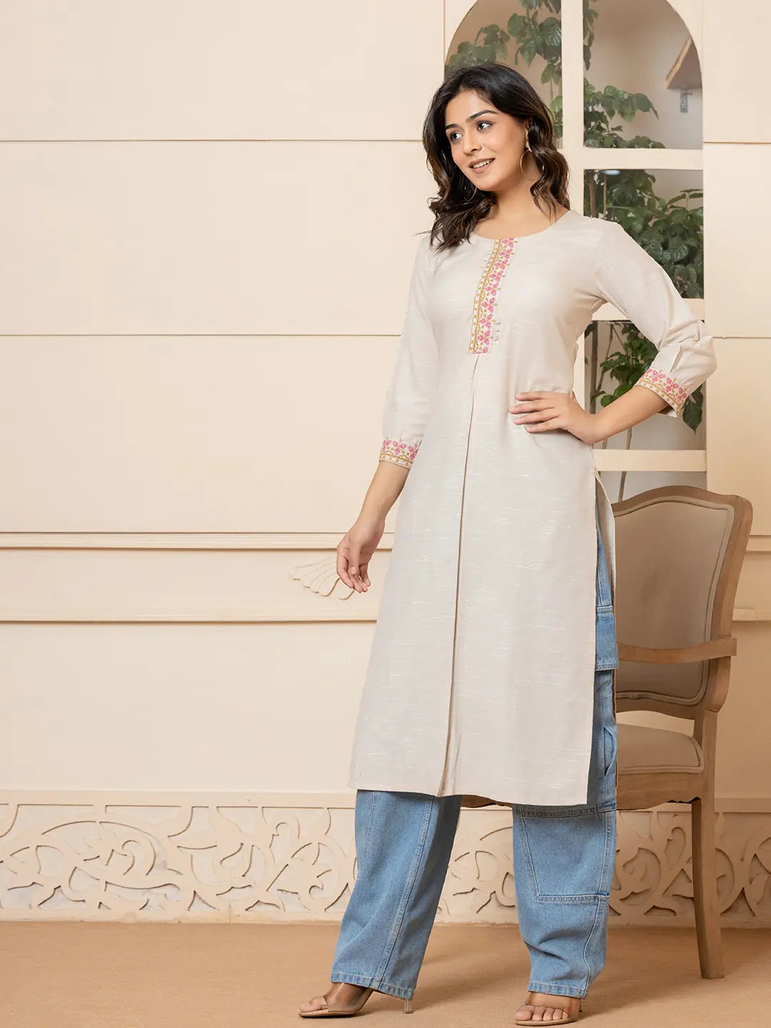 Yufta Linen Beige Embroidery Straight Kurta