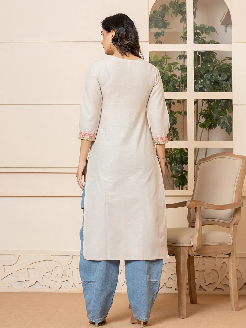 Yufta Linen Beige Embroidery Straight Kurta