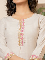 Yufta Linen Beige Embroidery Straight Kurta