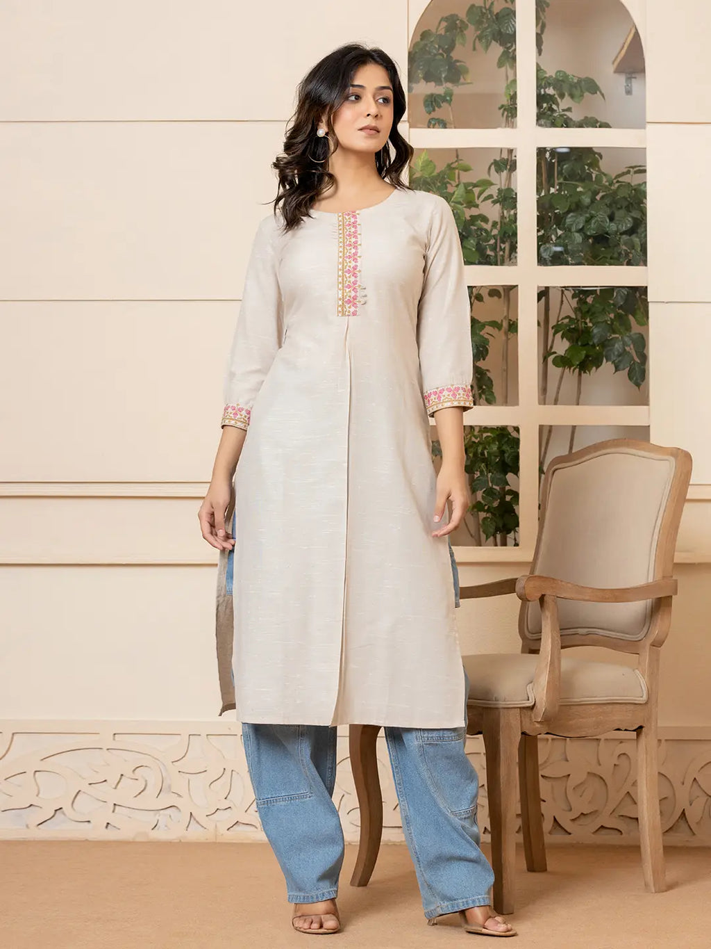 Yufta Linen Beige Embroidery Straight Kurta