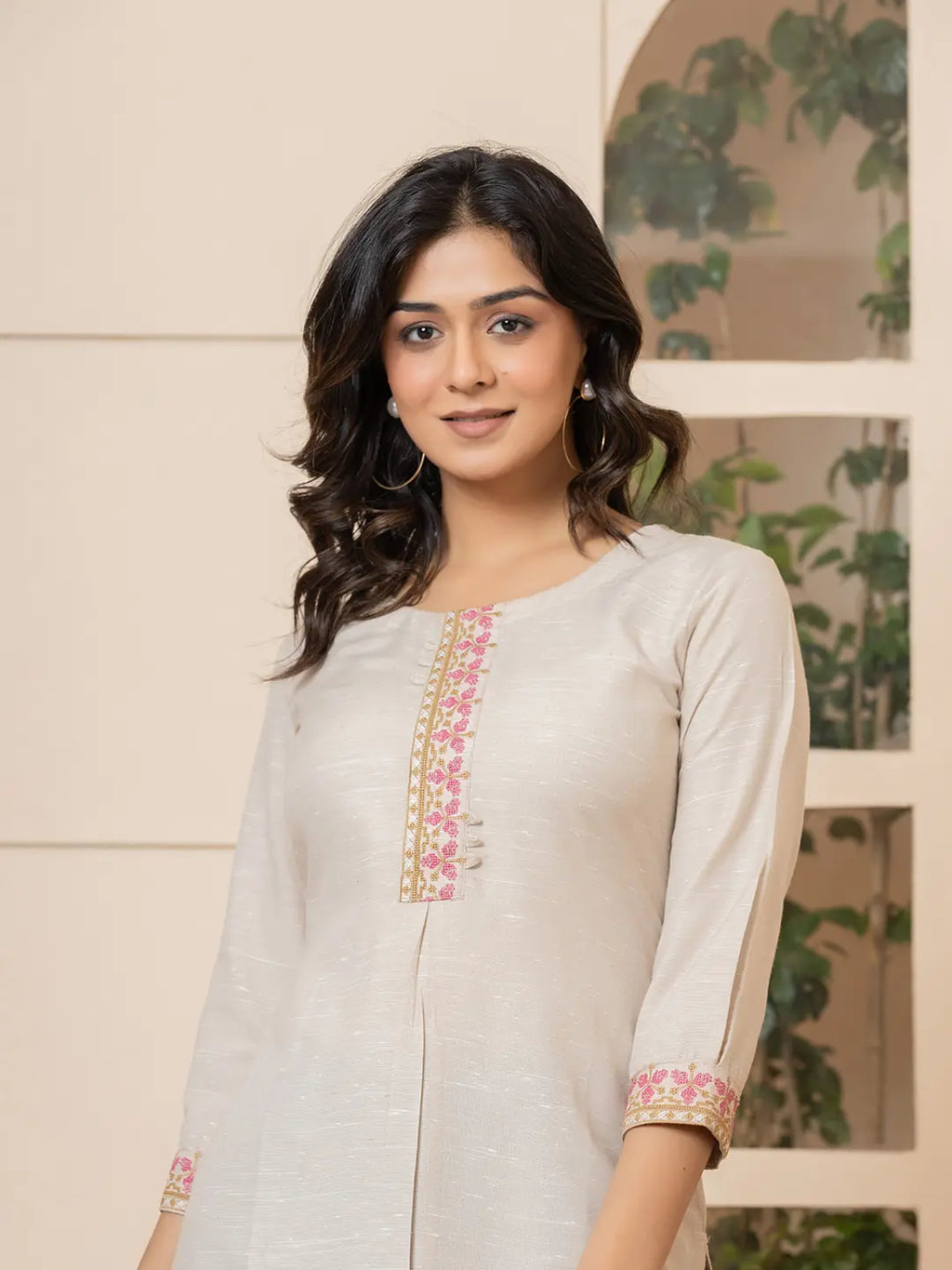Yufta Linen Beige Embroidery Straight Kurta